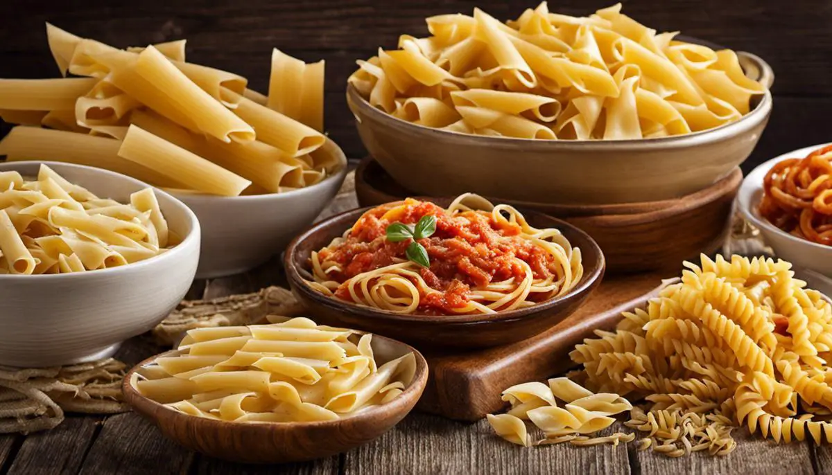 Image depicting different types of pasta, including spaghetti, penne, fusilli, farfalle, rigatoni, and linguine.