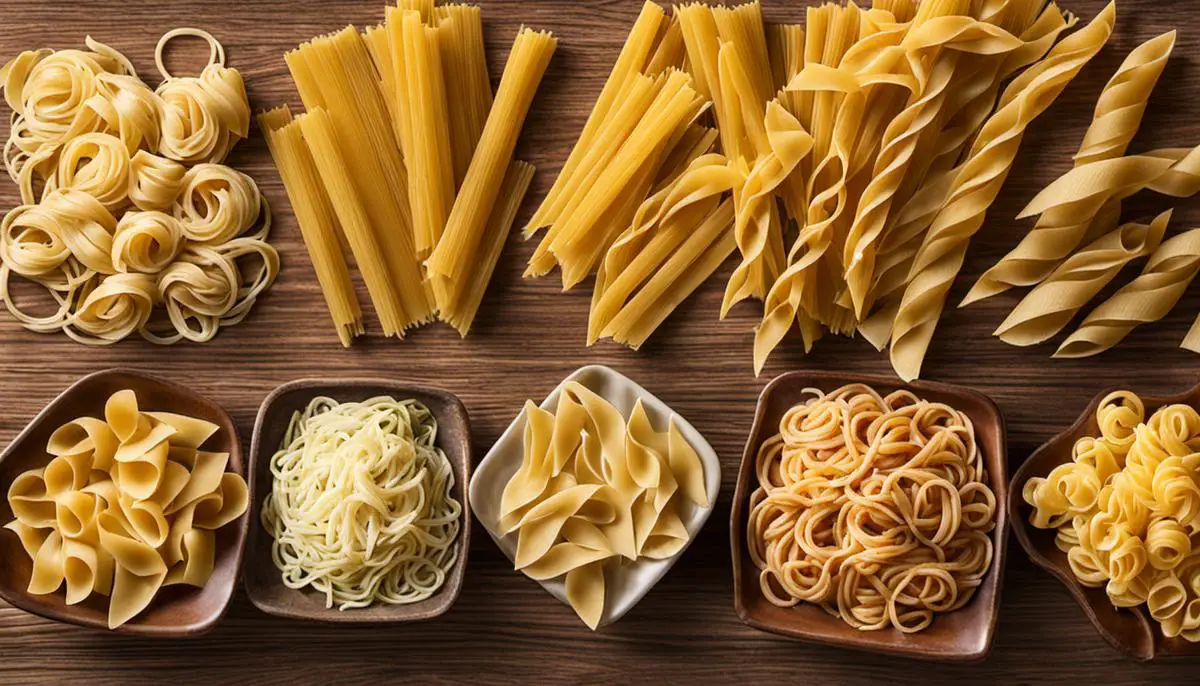 A visual representation of various pasta shapes: spaghetti, ravioli, fusilli, penne, and fettuccine.