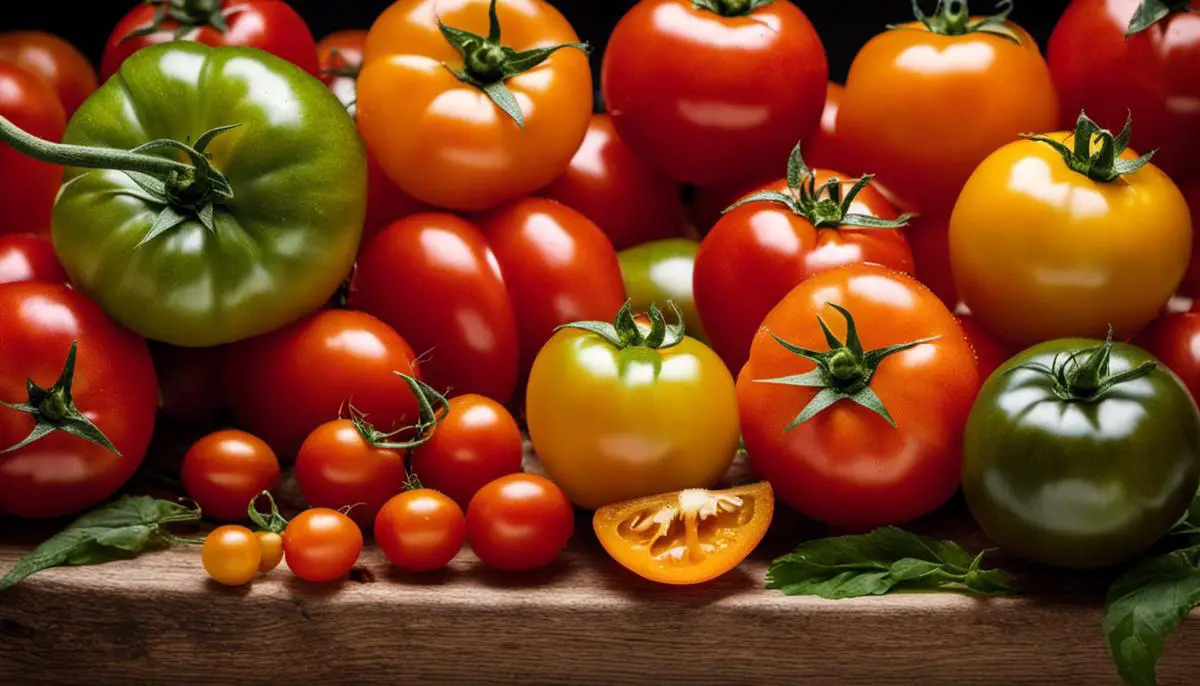 A close-up image of vibrant, ripe tomatoes in various colors, including red, orange, and yellow.