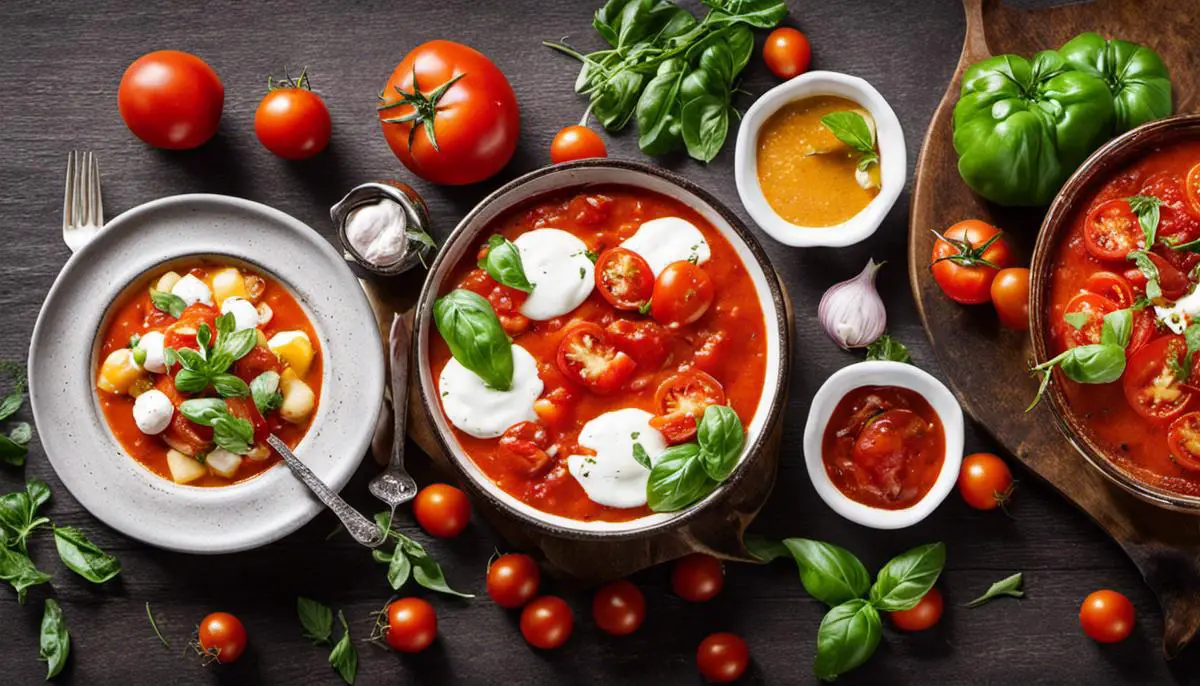 Image of a variety of tomato recipes, including classical tomato soup, sautéed cherry tomatoes, tomato bruschetta, slow cooker tomato sauce, and tomato and mozzarella salad. The image showcases the versatility of tomatoes in different dishes.