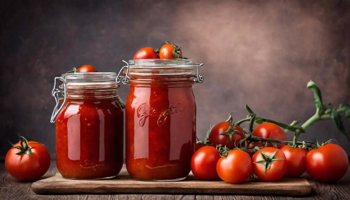 A jar of homemade tomato sauce and fresh tomatoes, representing the preservation of homemade tomato sauce