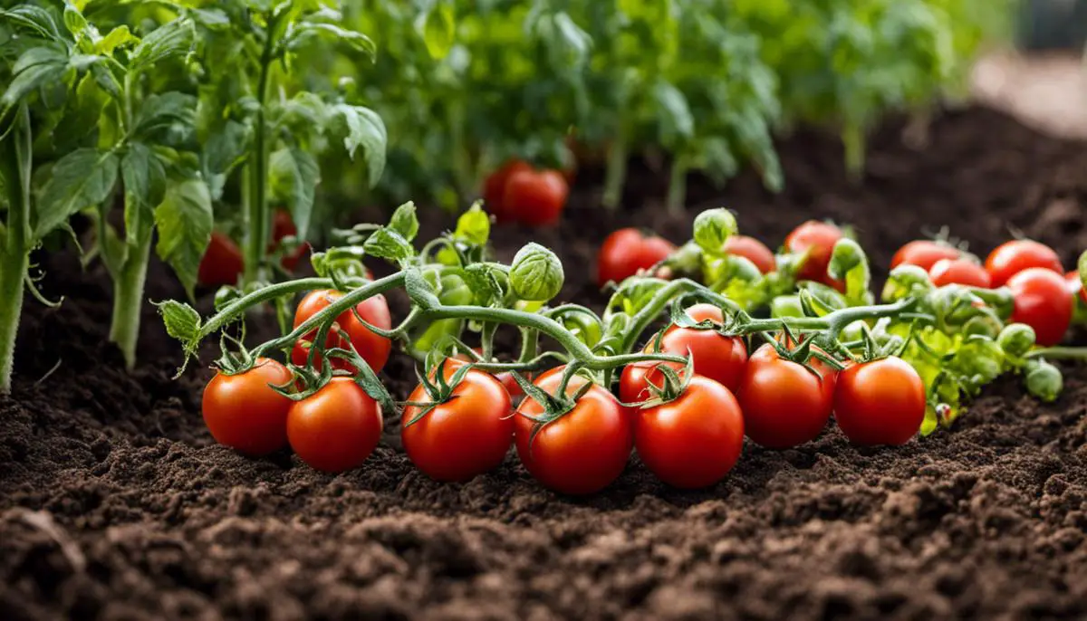 A image showing a garden bed with tomatoes growing in well-drained and nutrient-rich soil.