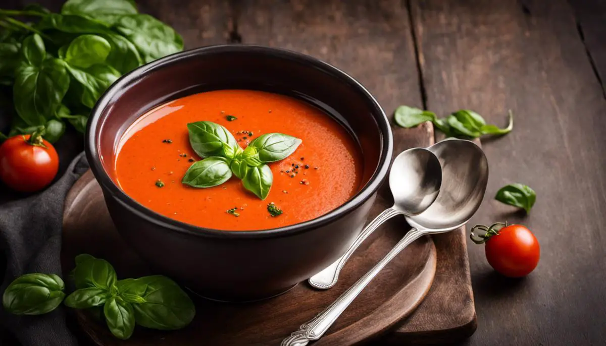 A bowl of creamy tomato soup garnished with basil leaves and black pepper, served with a spoon.