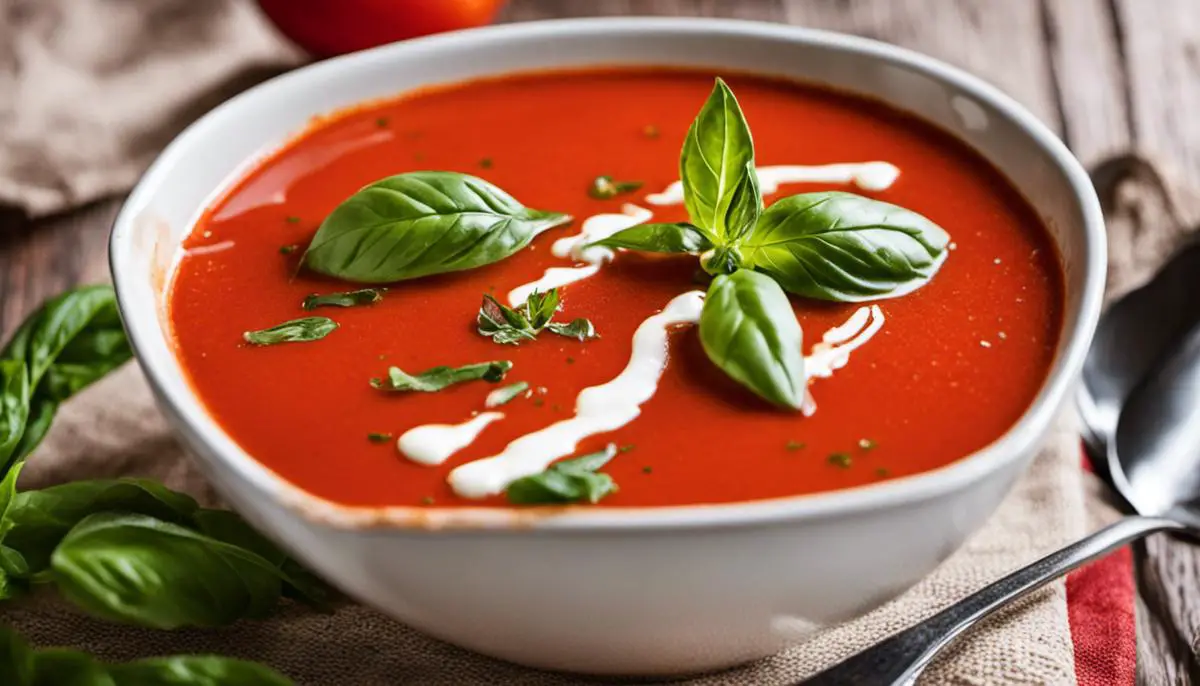 A bowl of homemade tomato soup with a garnish of fresh basil leaves and a drizzle of olive oil.