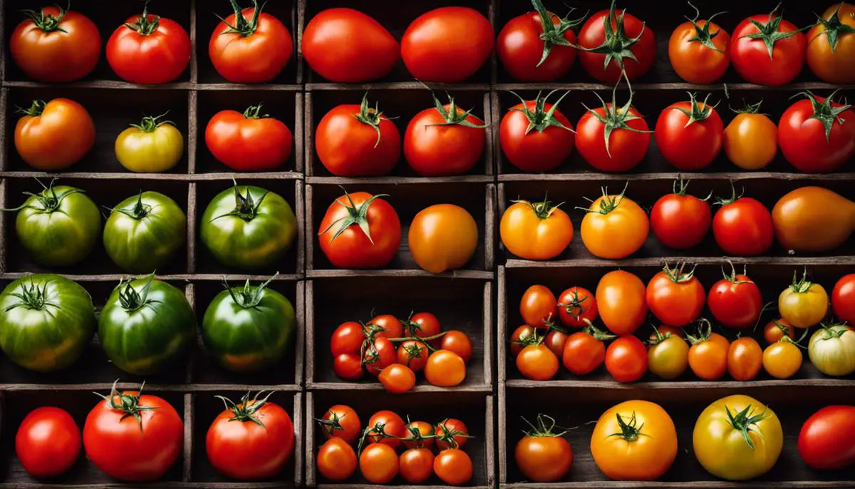 Image of different varieties of tomatoes, showcasing their different sizes, colors, and shapes.