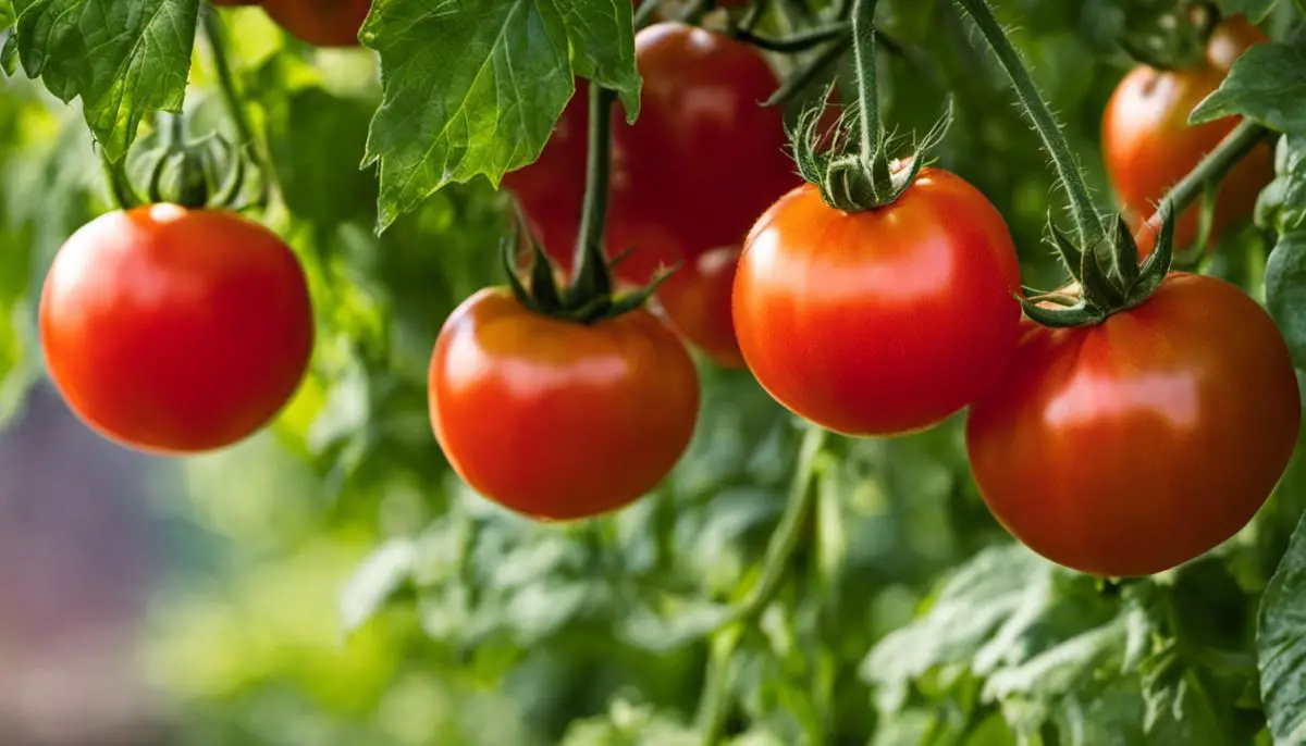 Image of luscious ripe tomatoes hanging from a tomato plant