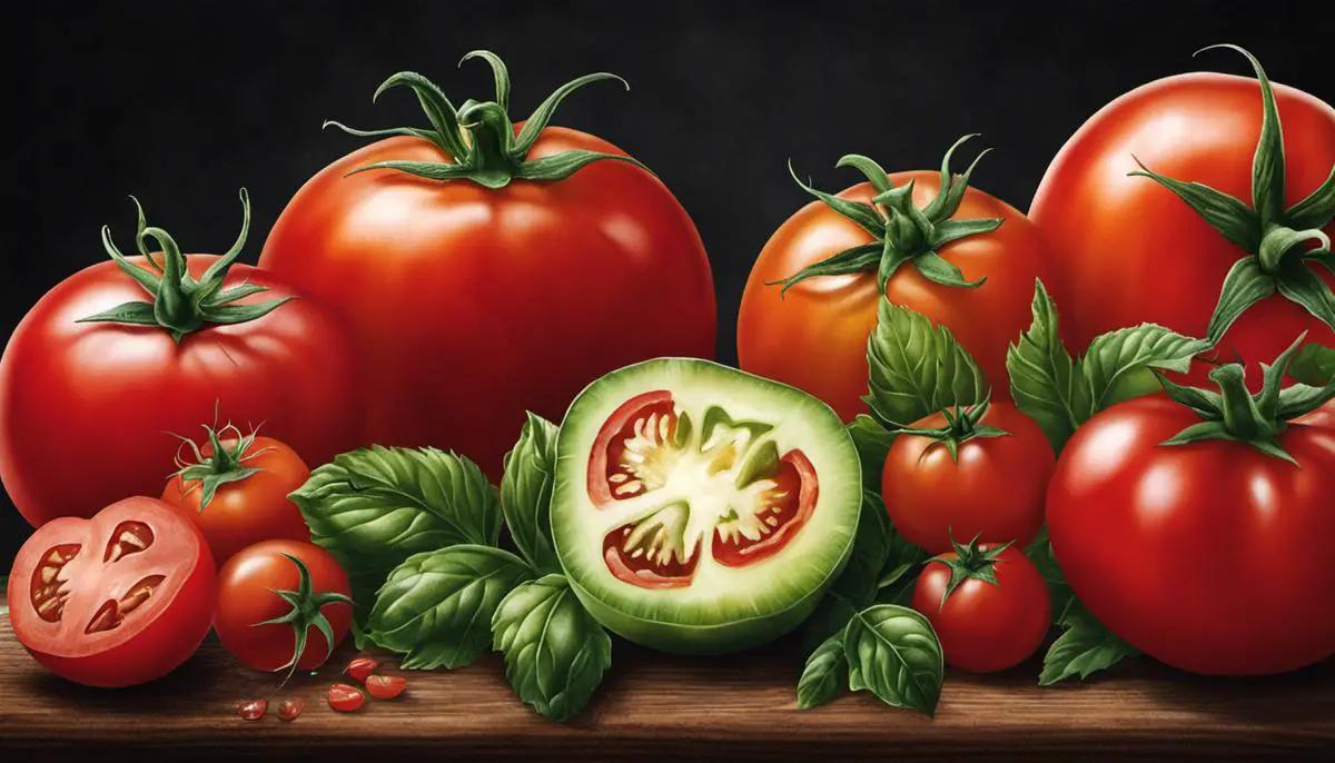 Illustration of various tomatoes, emphasizing their health benefits