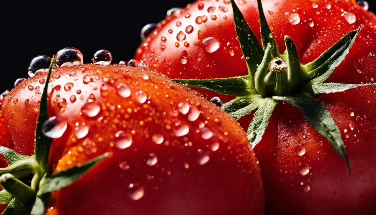 A close-up photo of fresh and ripe tomatoes with water droplets on them, symbolizing their freshness and health benefits.