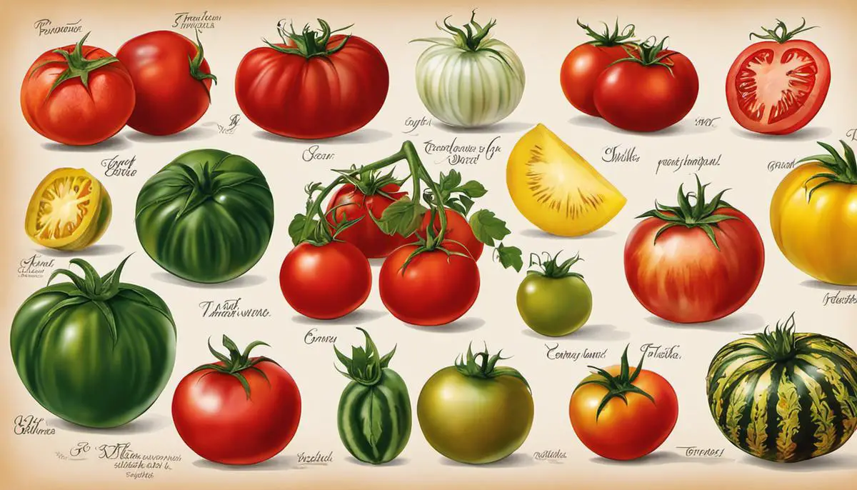 Varieties of tomatoes - A visual depiction of different types of tomatoes including Beefsteak, Roma, Cherry, Brandywine, Green Zebra, Black Krim, and Pineapple tomatoes.