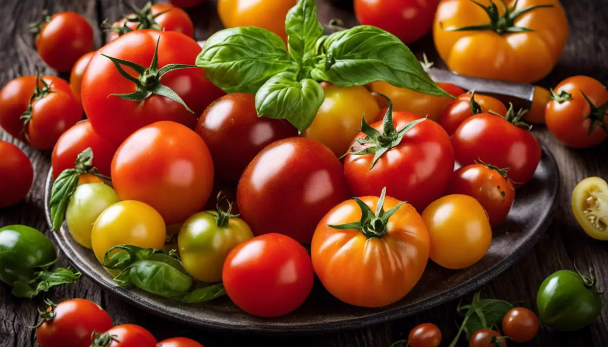 A vibrant image of a plate filled with different varieties of tomatoes, representing the versatility and health benefits of incorporating tomatoes into your diet.