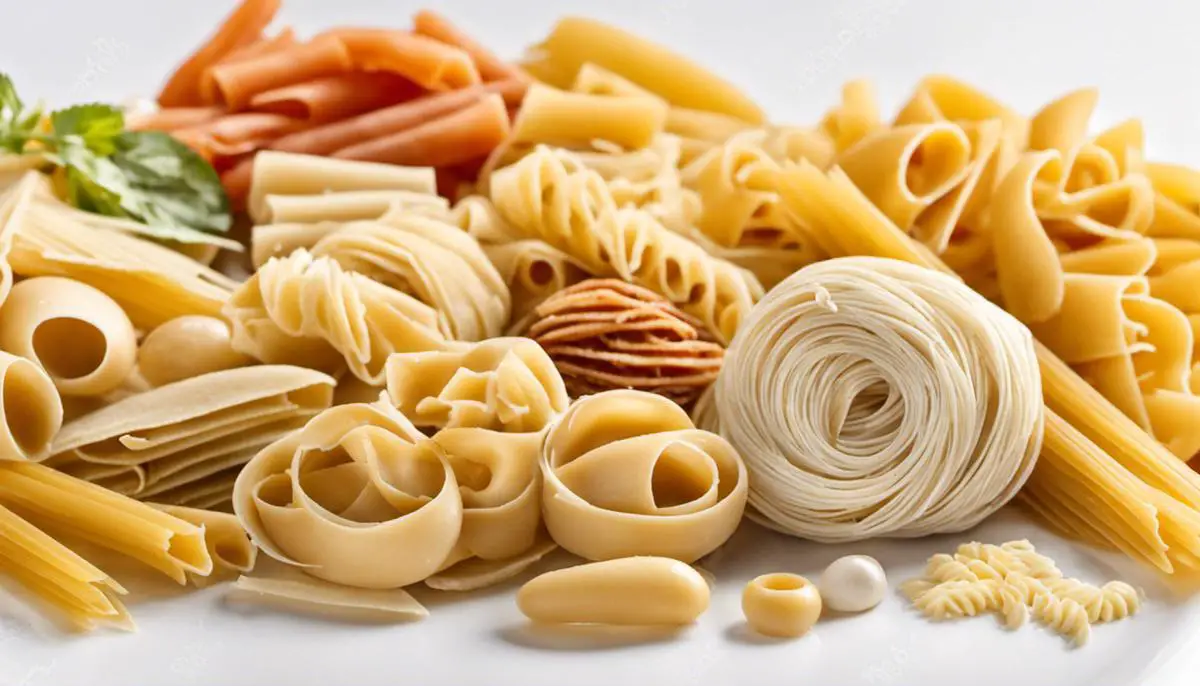 Various types of pasta displayed on a white background
