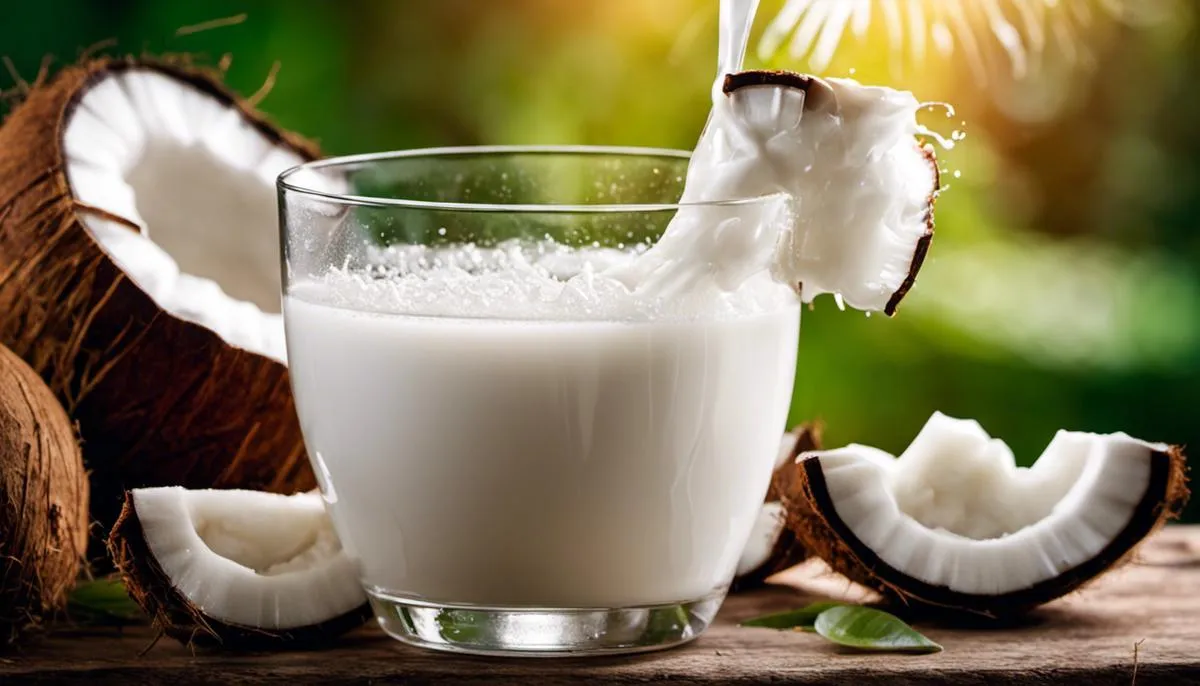 A close-up photograph of coconut milk being poured into a glass.