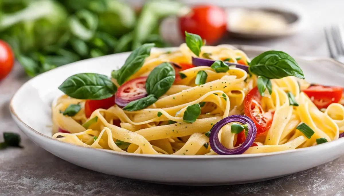 A plate of gluten-free pasta with colorful vegetables and a drizzle of olive oil