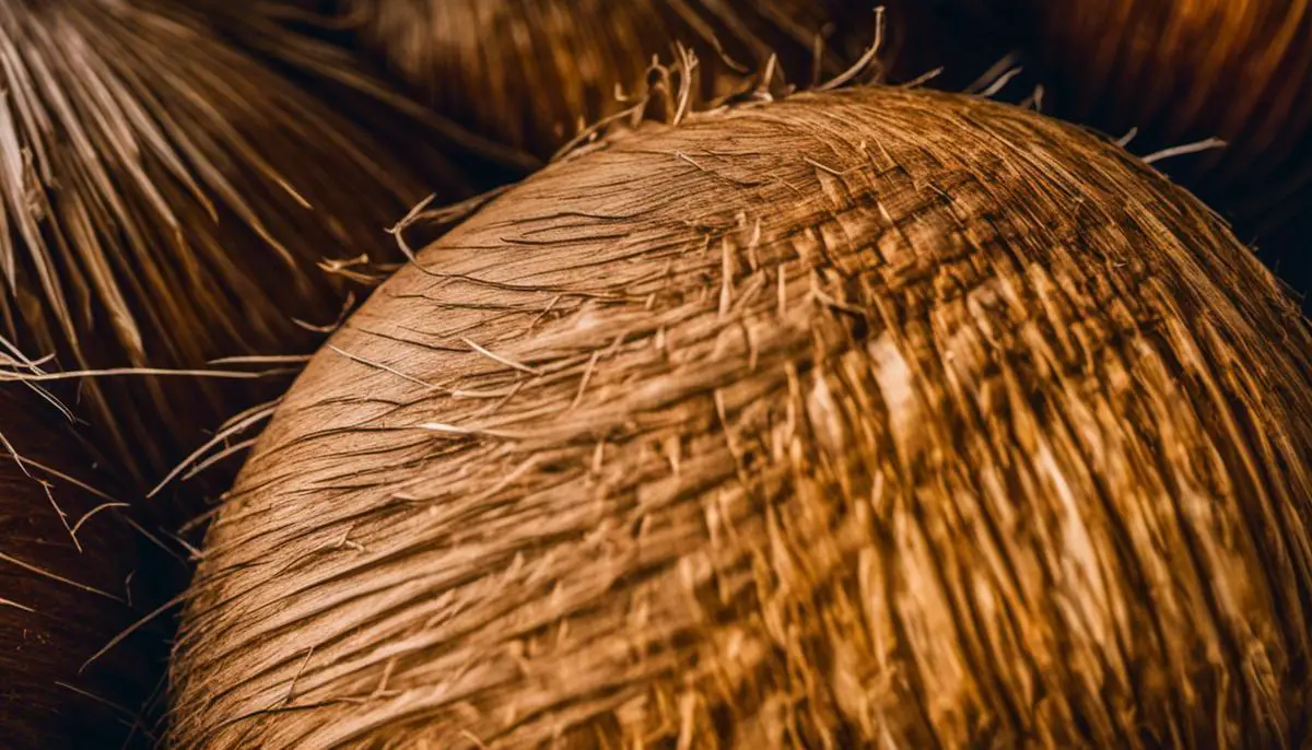 A close-up photo of a coconut, showcasing its textured outer shell and the inner husk